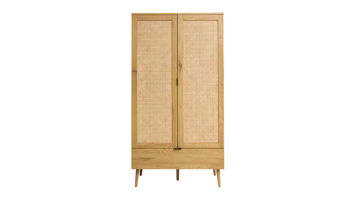 Armoire finition bois clair, cannage en rotin et mtal noir H190 cm MANILLE