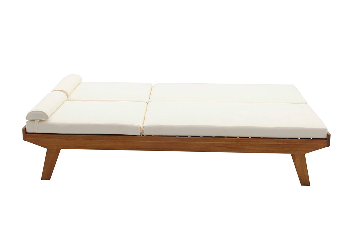 Bain de soleil double avec dossiers multipositions beige et bois massif L127 cm CARACAS