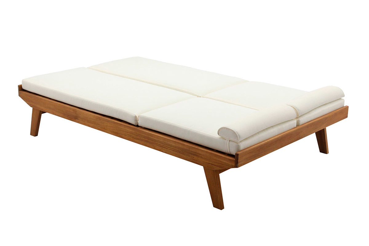 Bain de soleil double avec dossiers multipositions beige et bois massif L127 cm CARACAS