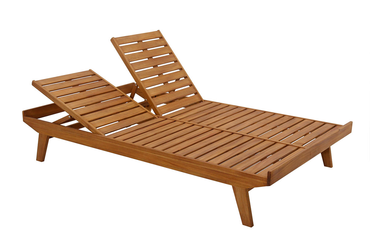 Bain de soleil double avec dossiers multipositions beige et bois massif L127 cm CARACAS