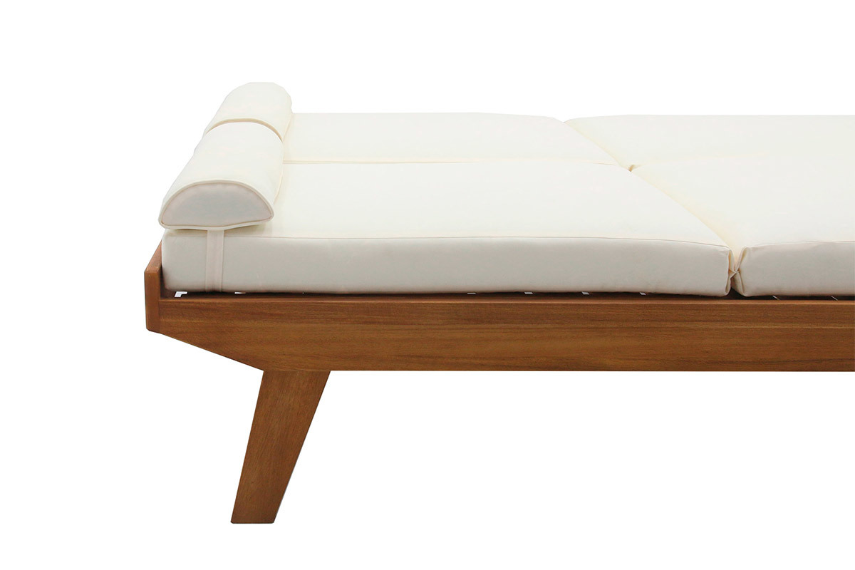 Bain de soleil double avec dossiers multipositions beige et bois massif L127 cm CARACAS