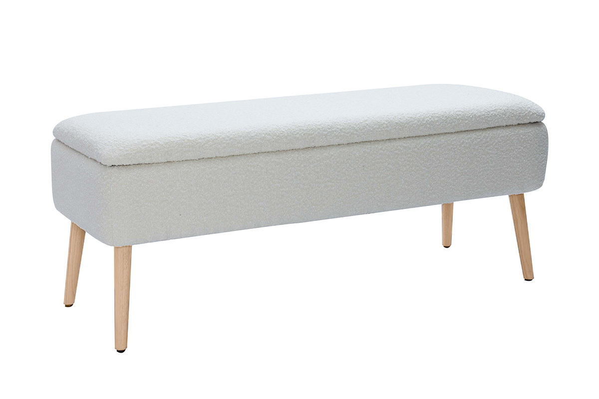 Banc coffre effet laine boucle blanc et bois clair massif L120 cm LARS