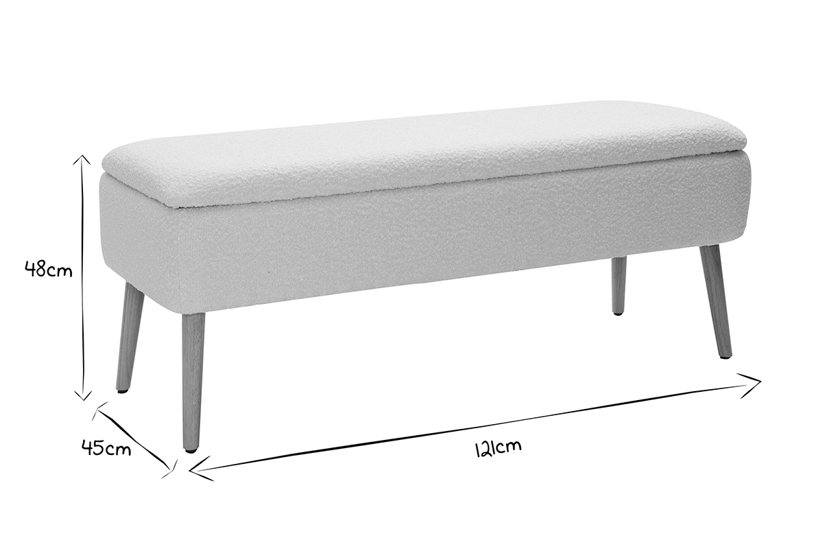 Banc coffre effet laine boucle blanc et bois clair massif L120 cm LARS