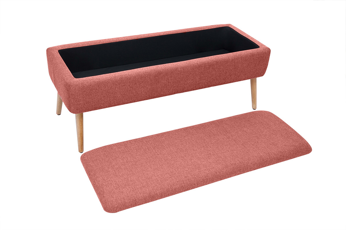 Banc coffre en tissu effet velours textur terracotta et bois clair massif L120 cm LARS