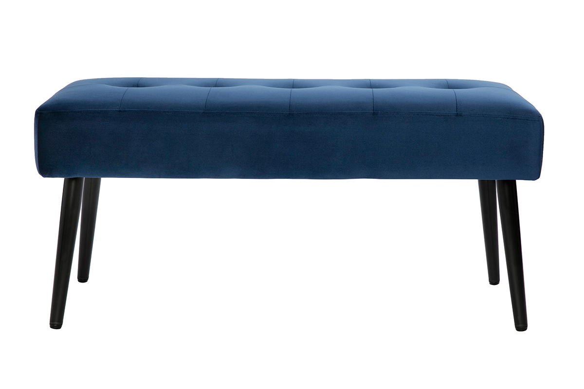 Banc design capitonn en tissu velours bleu nuit et mtal noir L96 cm GUESTA