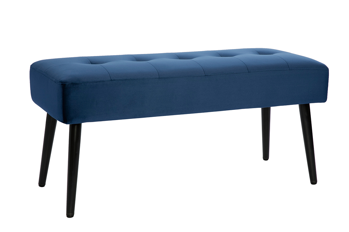 Banc design capitonn en tissu velours bleu nuit et mtal noir L96 cm GUESTA