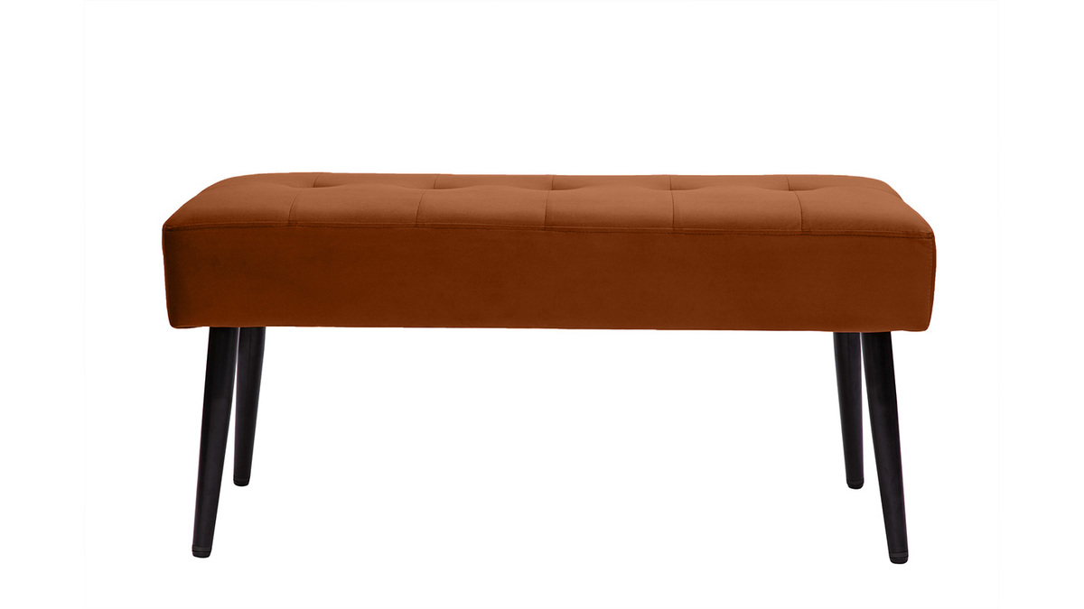 Banc design capitonn en velours terre brle et mtal noir L95 cm GUESTA