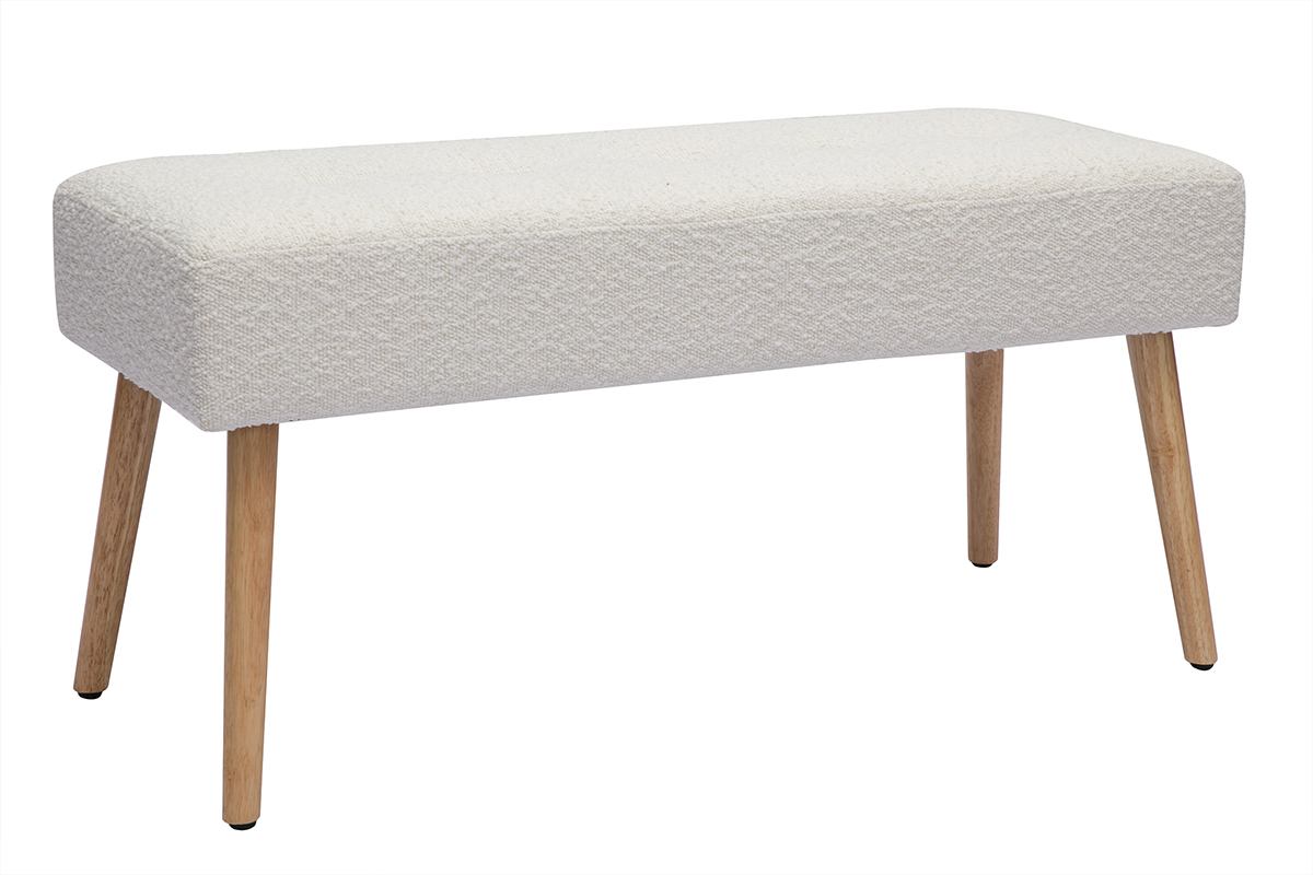 Banc scandinave capitonn en tissu effet laine boucle blanc et bois clair L96 cm GUESTA