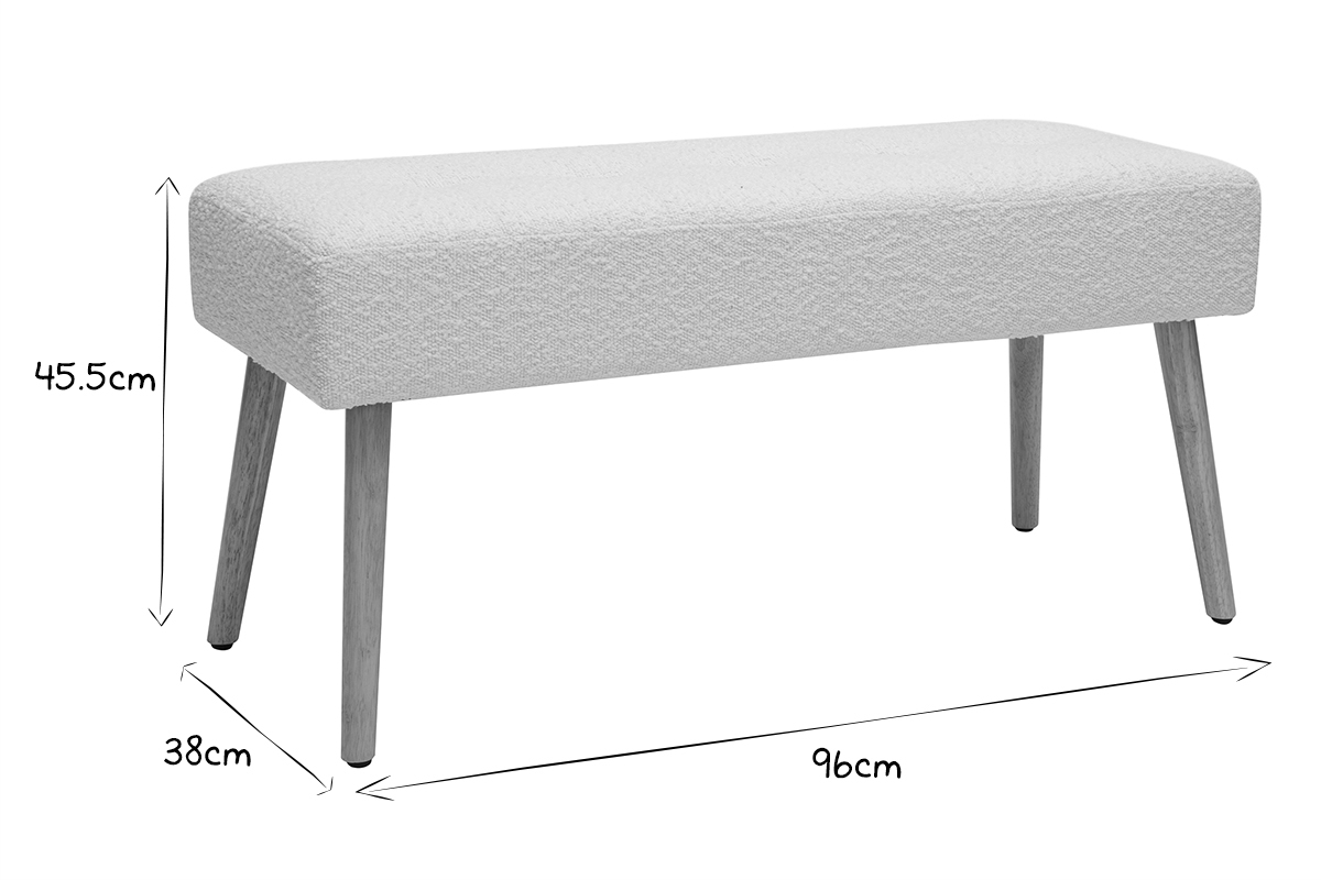 Banc scandinave capitonn en tissu effet laine boucle blanc et bois clair L96 cm GUESTA