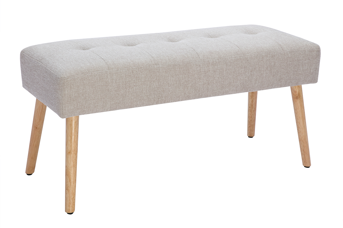 Banc scandinave capitonn en tissu effet velours textur beige et bois clair L96 cm GUESTA