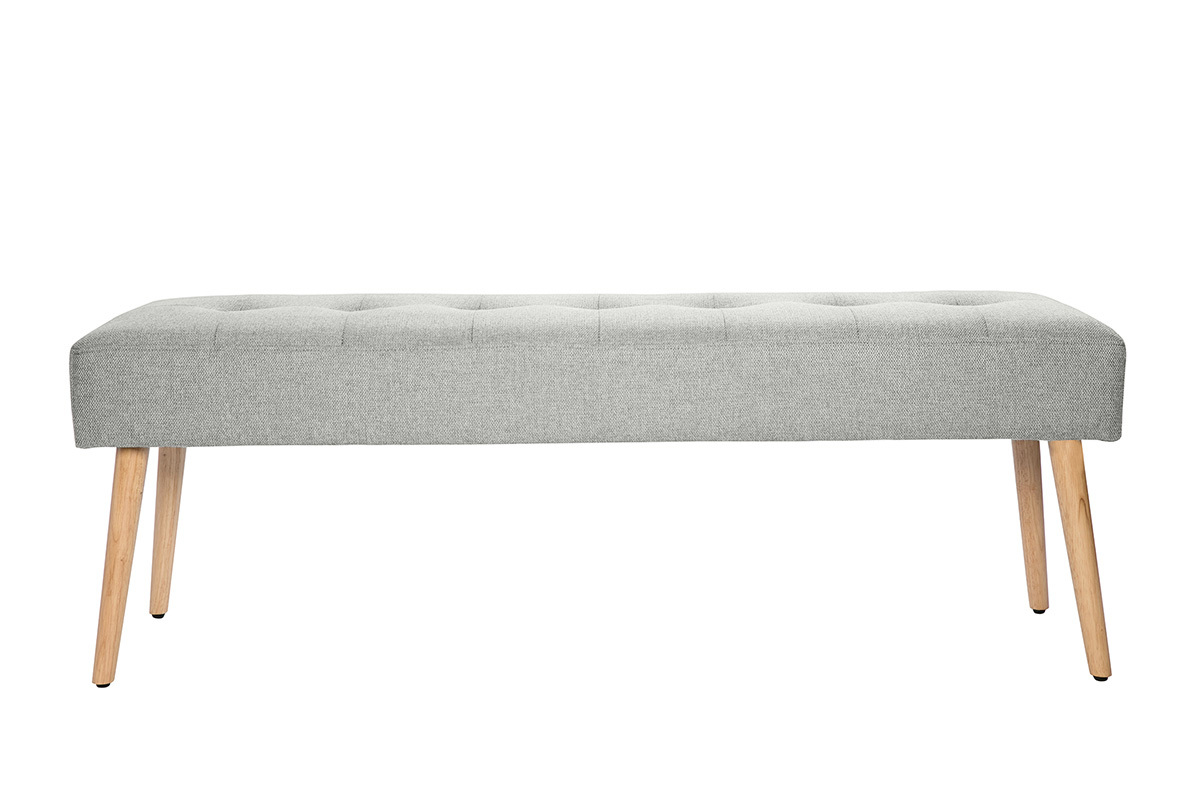 Banc scandinave capitonn en tissu effet velours textur gris clair et bois clair L130 cm GUESTA