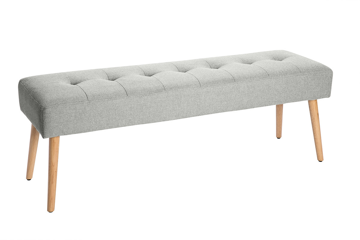 Banc scandinave capitonn en tissu effet velours textur gris clair et bois clair L130 cm GUESTA