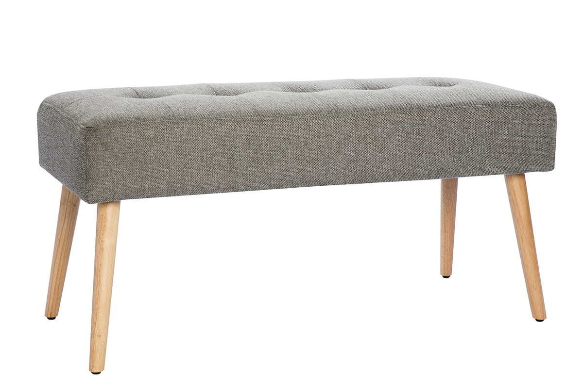 Banc scandinave capitonn en tissu effet velours textur gris clair et bois clair L96 cm GUESTA