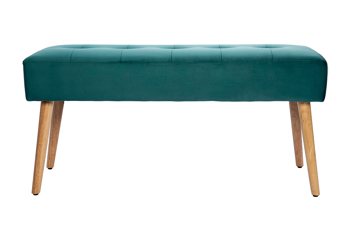 Banc scandinave capitonn en tissu velours bleu ptrole et bois clair L96 cm GUESTA