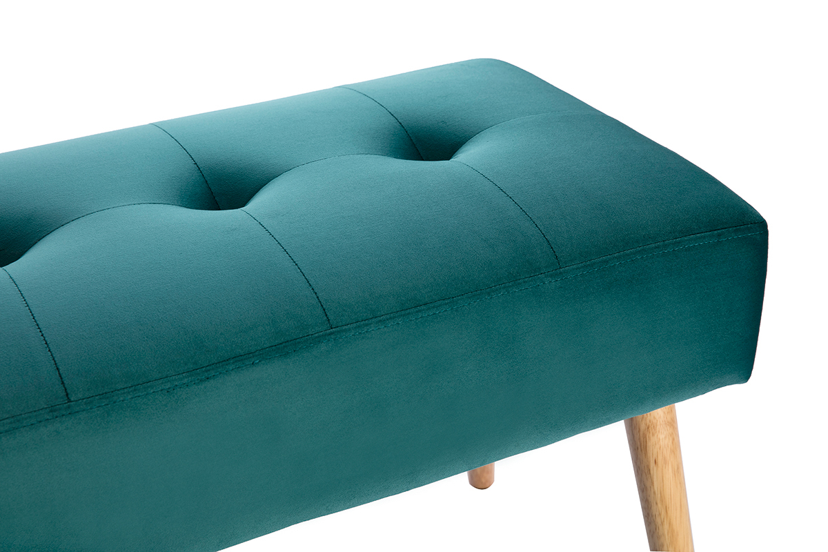 Banc scandinave capitonn en tissu velours bleu ptrole et bois clair L96 cm GUESTA