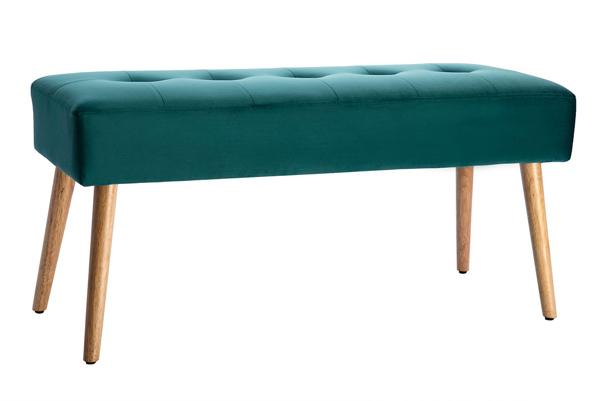 Banc scandinave capitonn en tissu velours bleu ptrole et bois clair L96 cm GUESTA