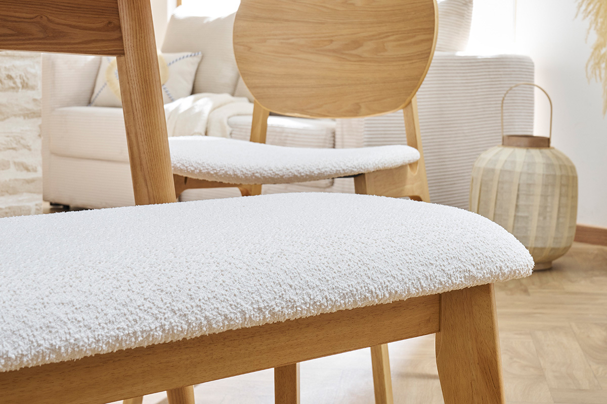 Banc scandinave en tissu effet laine boucle blanc et bois clair L92 cm ELION