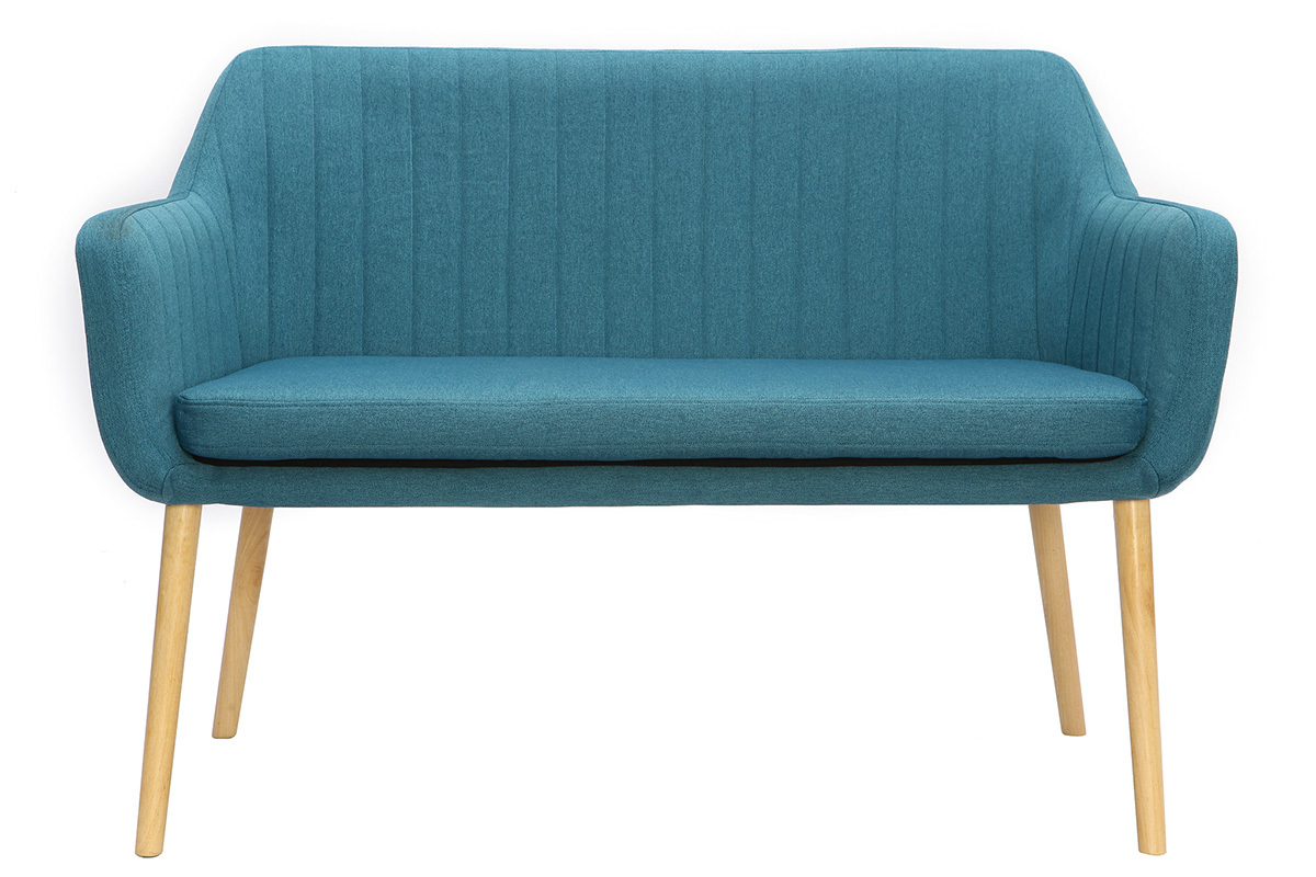 Banquette scandinave 2 places en tissu bleu canard et bois clair ALEYNA