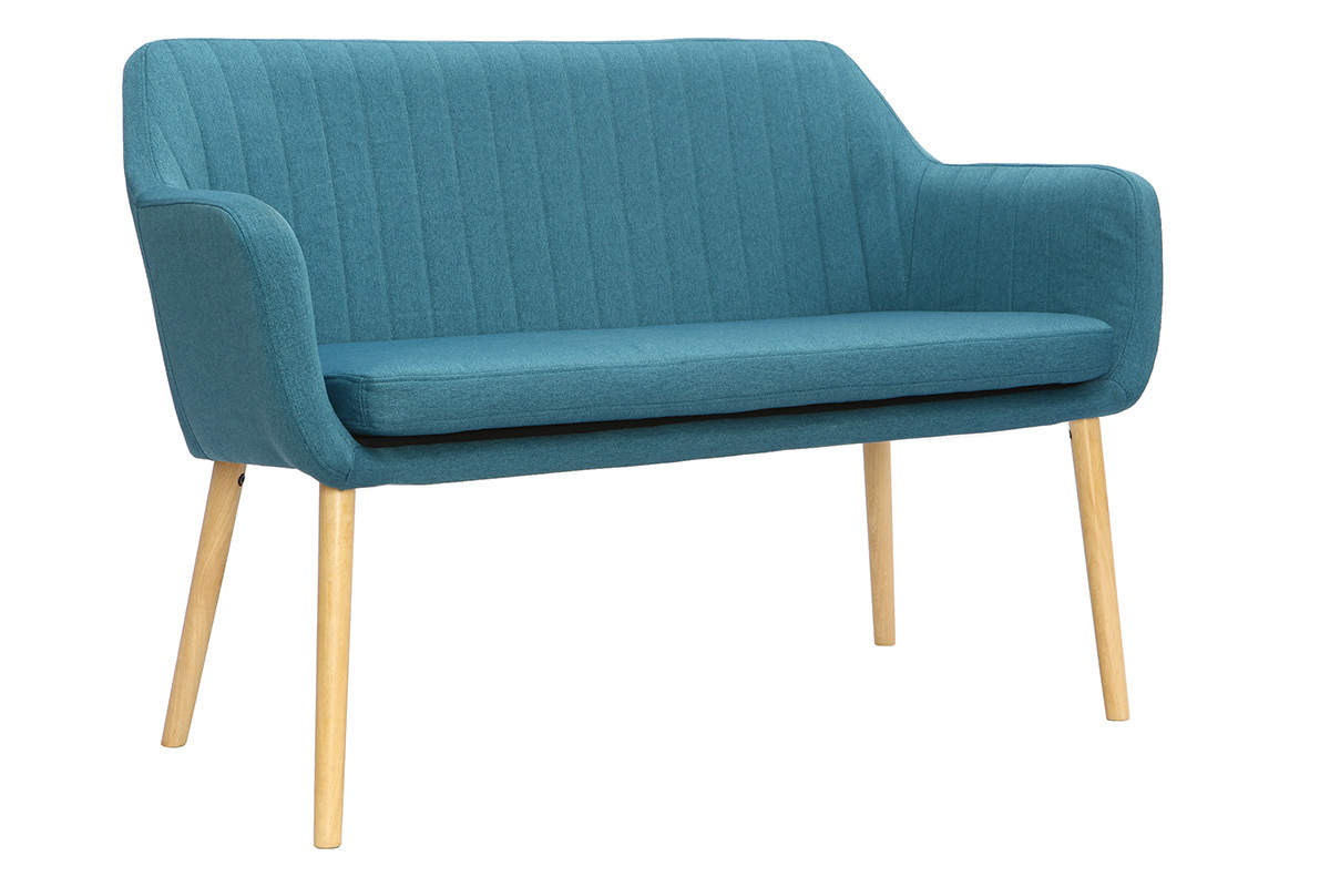 Banquette scandinave 2 places en tissu bleu canard et bois clair ALEYNA