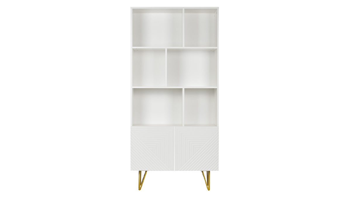 Bibliothque design grave blanc mat et mtal dor 2 portes L86 cm OZEN