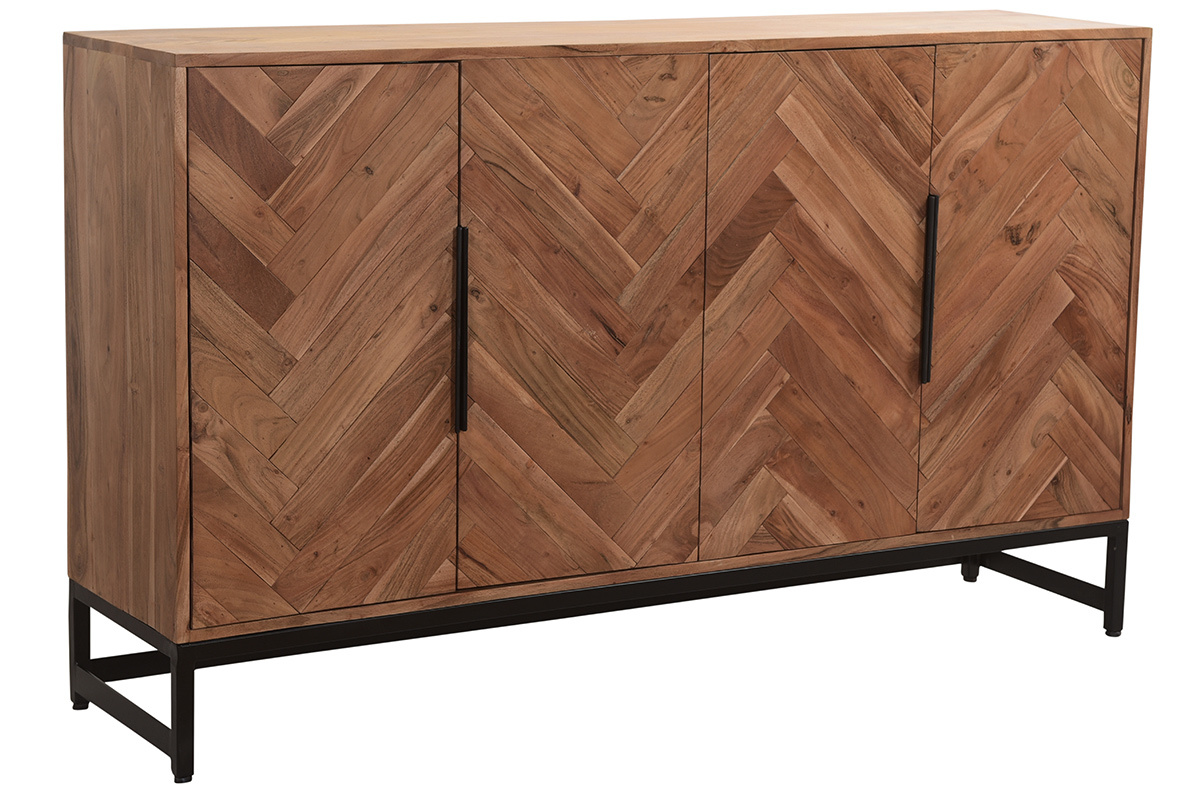 Buffet  motifs chevrons en bois massif et mtal noir 4 portes L160 cm STICK