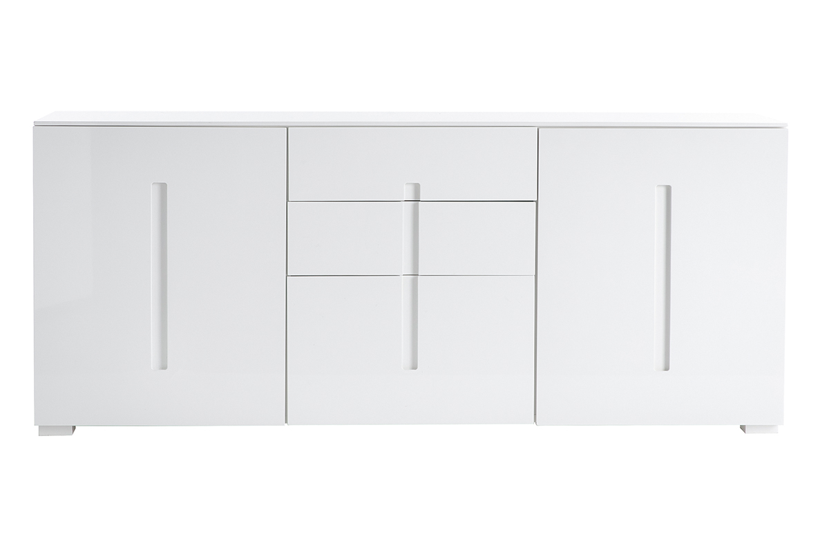 Buffet design blanc laqu brillant 2 portes 3 tiroirs L180 cm TED