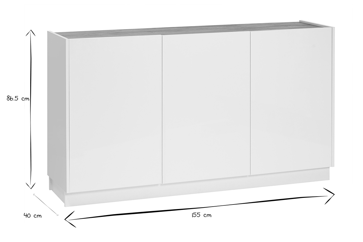 Buffet design blanc laqu brillant et bois clair 3 portes L155 cm NELIO