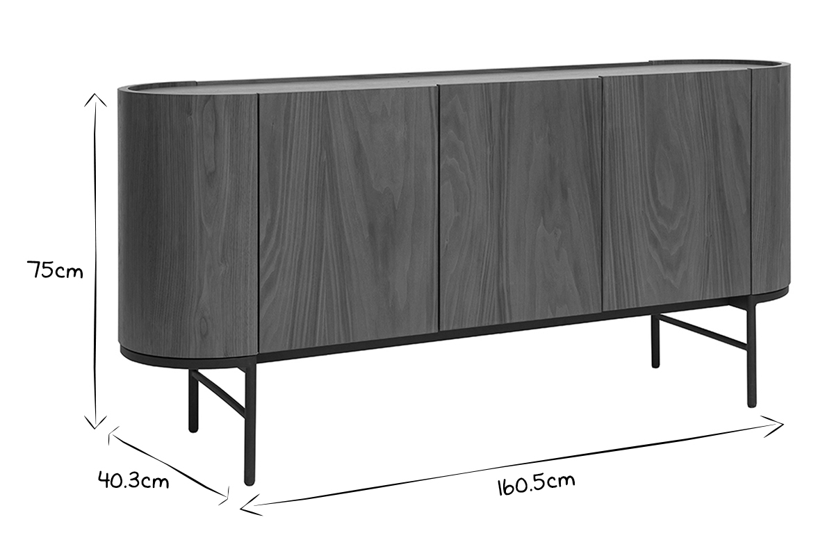 Buffet design bois fonc noyer et mtal noir 3 portes L160 cm SKYE