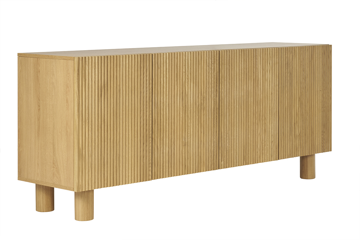 Buffet design en bois clair chne massif grav 4 portes L180 cm GOSHI