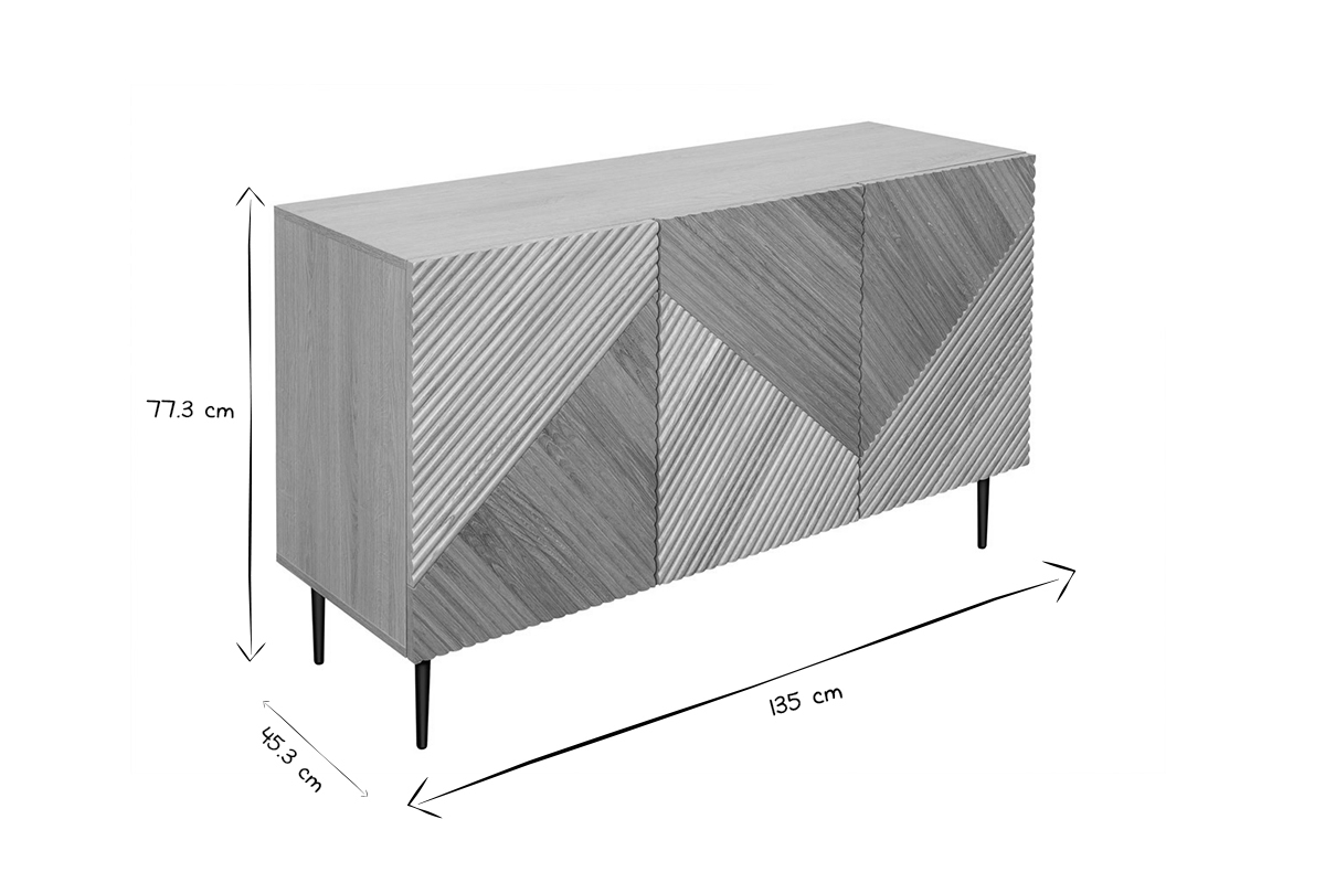 Buffet design en bois clair chne massif grav et mtal noir 3 portes L135 cm ARCHIPEL