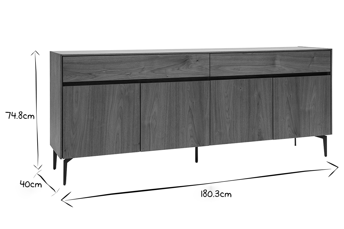 Buffet design en bois fonc noyer et mtal noir 4 portes 2 tiroirs L180 cm BLISS