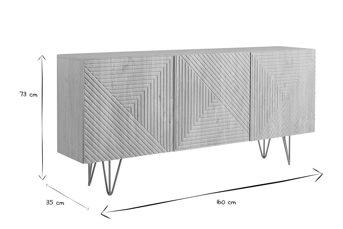 Buffet design grav finition bois clair chne et mtal dor 3 portes L160 cm OZEN