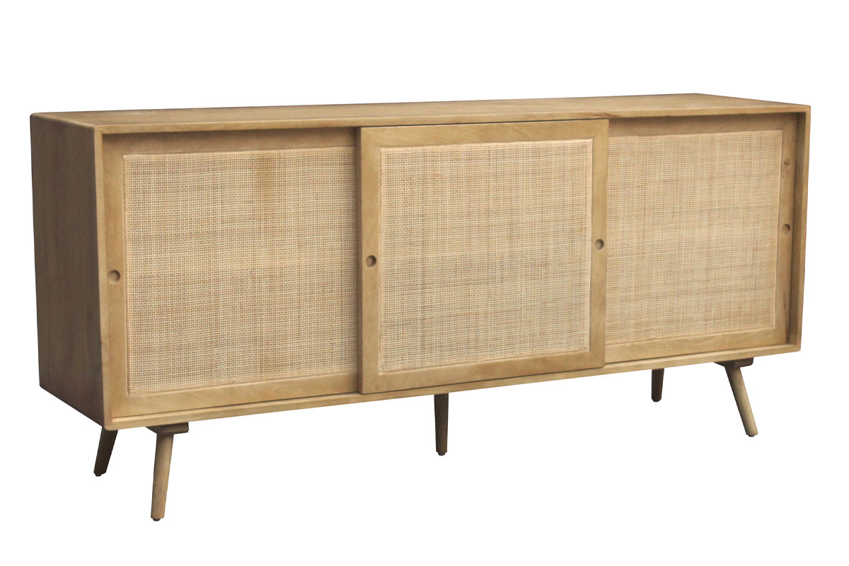 Buffet en bois manguier massif et cannage rotin 3 portes coulissantes L180 cm ACANGE