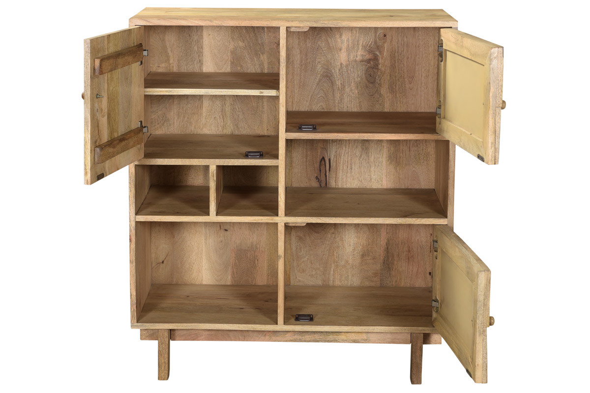 Buffet haut design en bois manguier massif et dtails dors 3 portes L90 cm ZAIKA