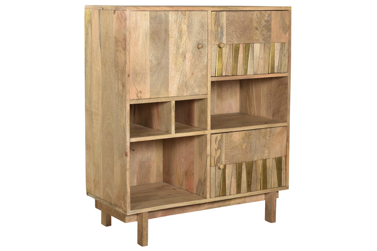 Buffet haut design en bois manguier massif et dtails dors 3 portes L90 cm ZAIKA