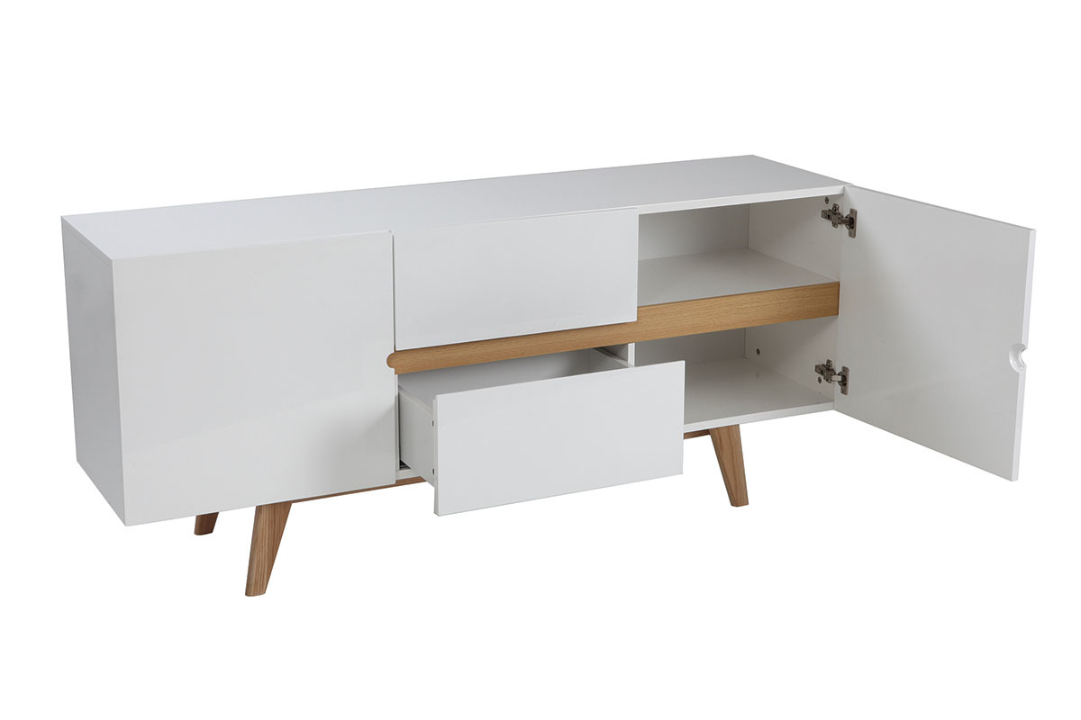 Buffet scandinave blanc brillant et finition bois clair 2 portes 2 tiroirs L160cm MELKA