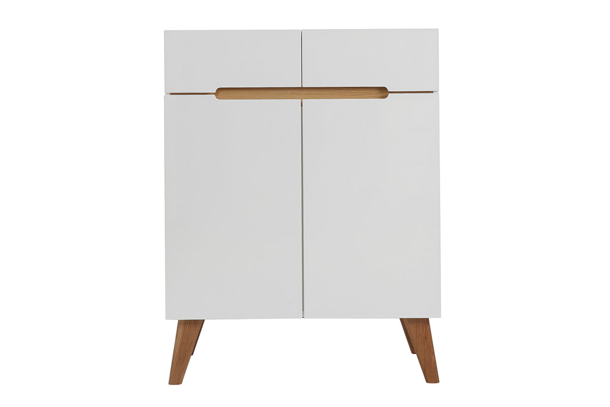 Buffet scandinave blanc brillant et finition bois clair 2 portes 2 tiroirs L80cm MELKA