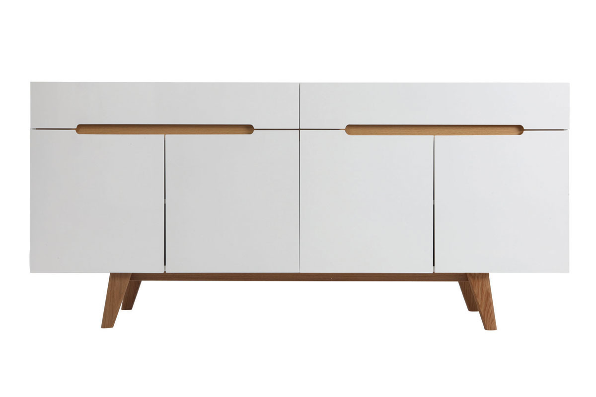 Buffet scandinave blanc brillant et finition bois clair 4 portes 2 tiroirs L180 cm MELKA