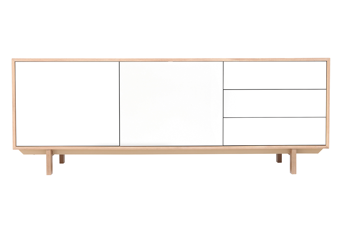 Buffet scandinave bois et blanc 2 portes 3 tiroirs L195cm SID