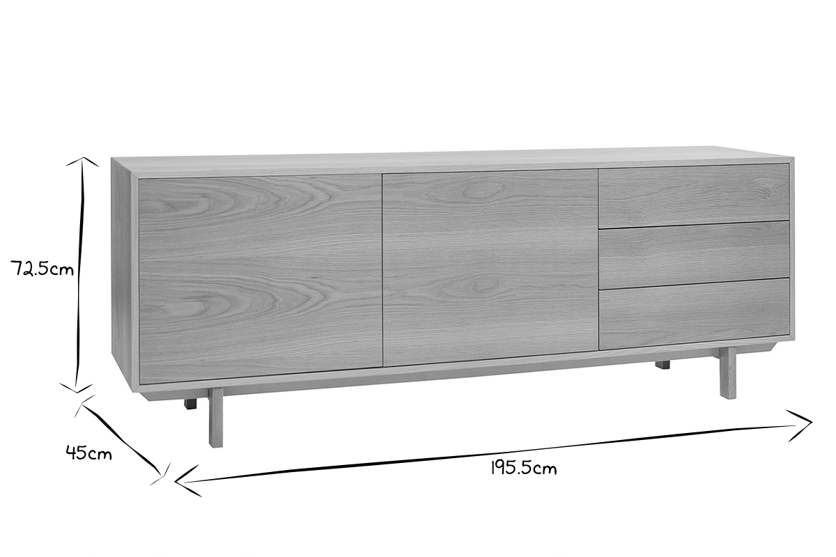 Buffet scandinave en bois clair 2 portes 3 tiroirs L195cm SID