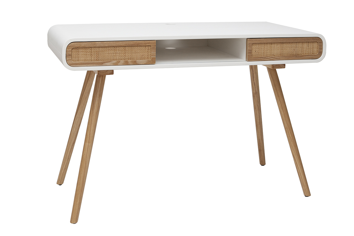 Bureau avec rangement vintage blanc, cannage et bois clair L120 cm OLYMPE