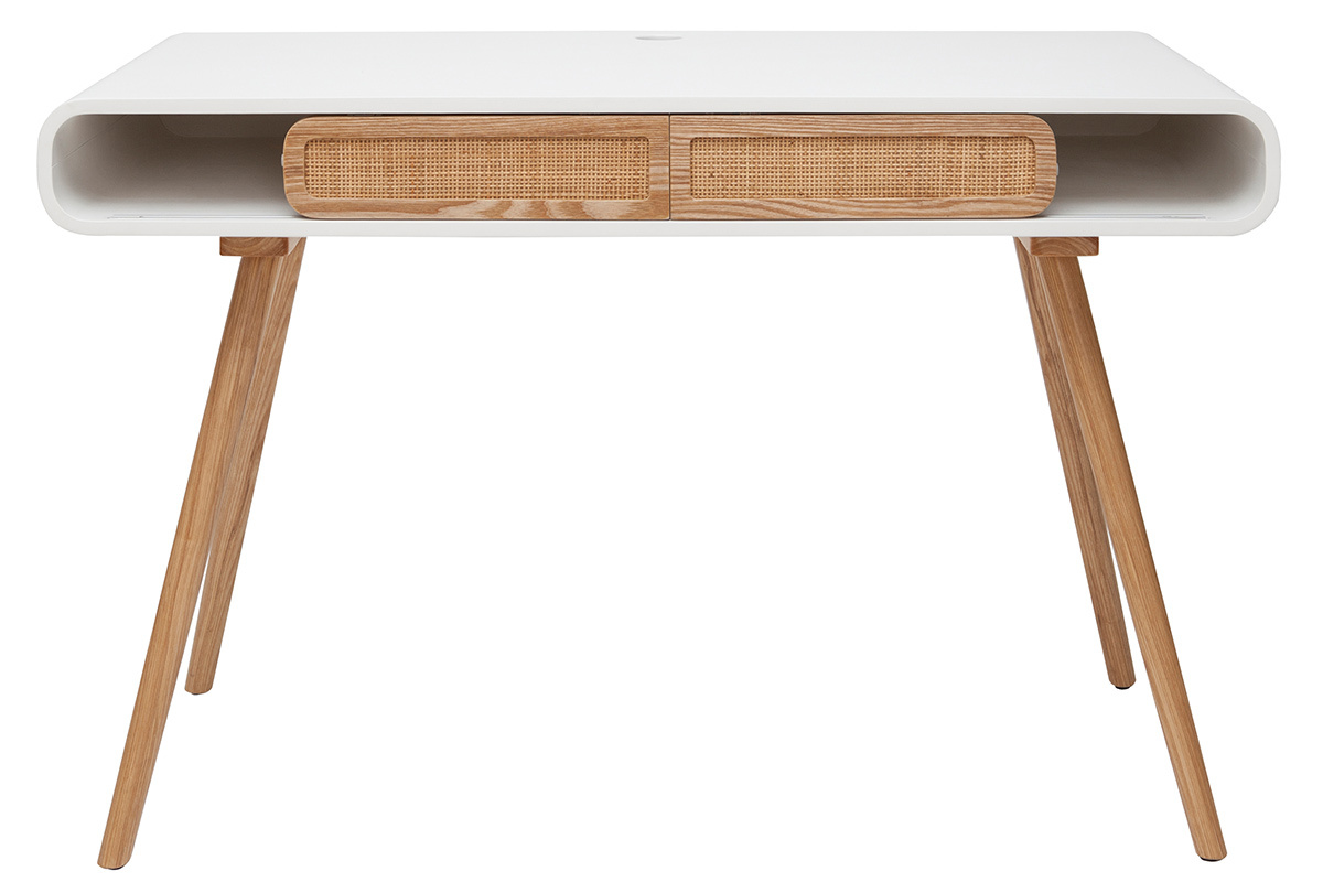 Bureau avec rangement vintage blanc, cannage et bois clair L120 cm OLYMPE