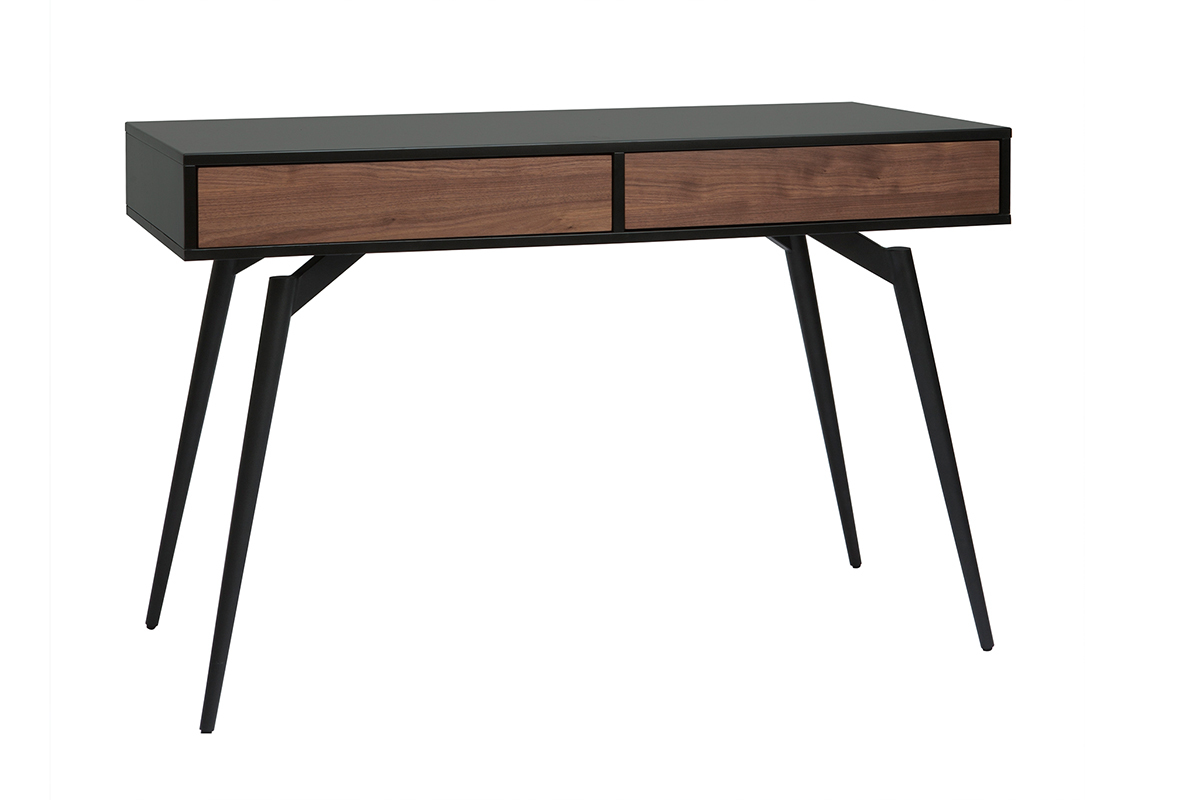 Bureau avec rangements 2 tiroirs design noir mat et bois fonc noyer L120 cm TRIPOLI