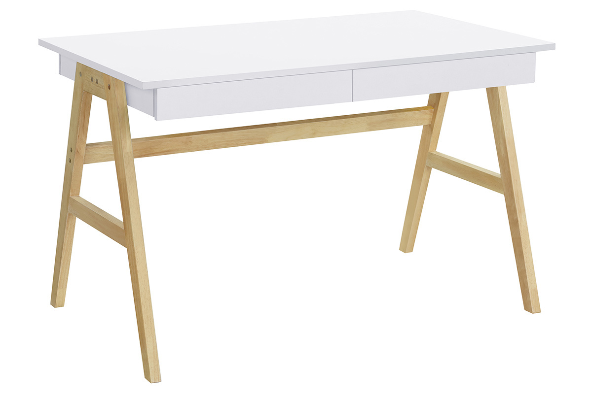 Bureau avec rangements 2 tiroirs scandinave blanc et bois clair chne L120 cm BROOK