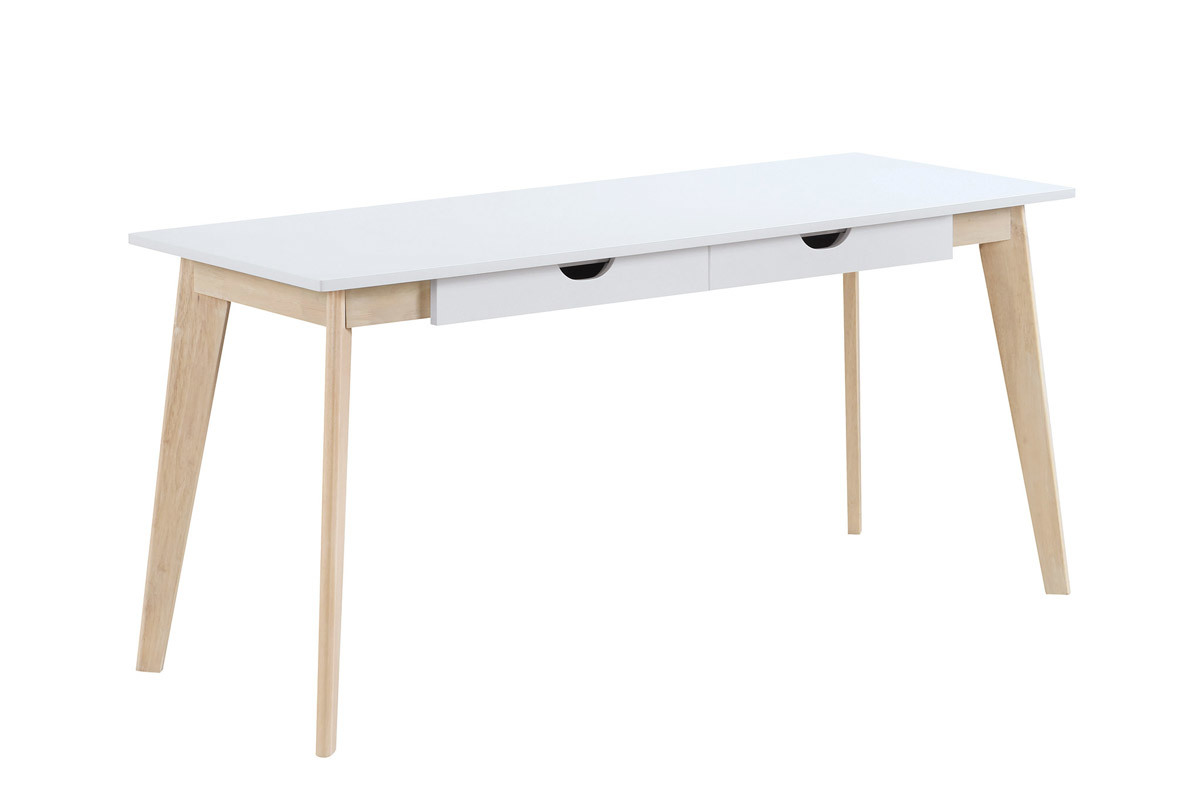 Bureau avec rangements 2 tiroirs scandinave blanc et bois clair L160 LEENA