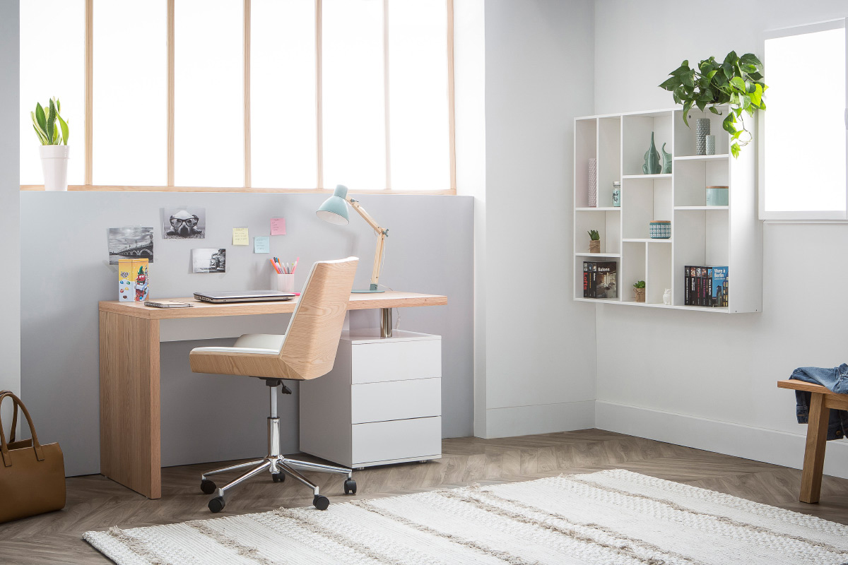 Bureau avec rangements 3 tiroirs design bois clair chne et blanc L140 cm CALIX