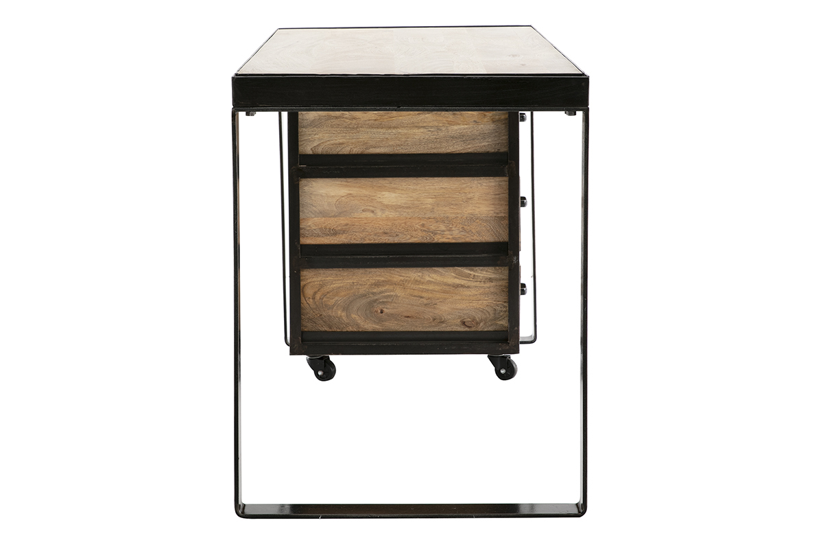 Bureau avec rangements 3 tiroirs industriel bois manguier massif et mtal noir L156 cm INDUSTRIA