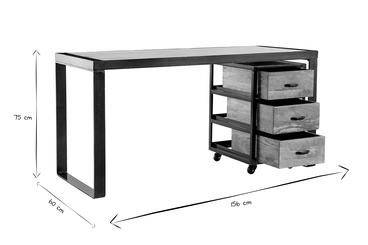 Bureau avec rangements 3 tiroirs industriel bois manguier massif et mtal noir L156 cm INDUSTRIA