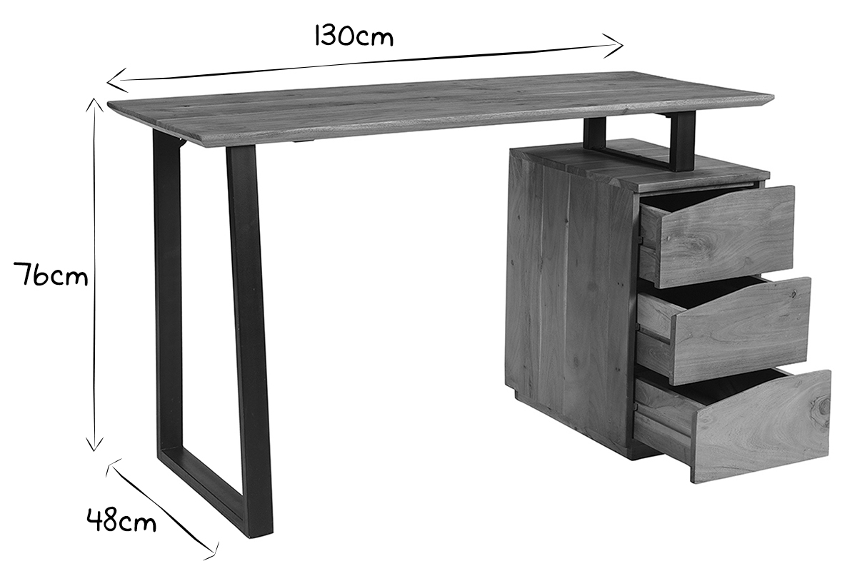 Bureau avec rangements 3 tiroirs industriel bois massif et mtal noir L130 cm HORACE