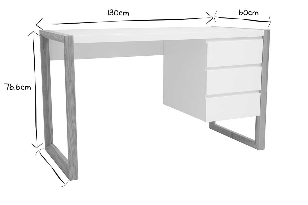 Bureau avec rangements 3 tiroirs scandinave blanc mat et bois clair frne massif L130 cm ARMEL